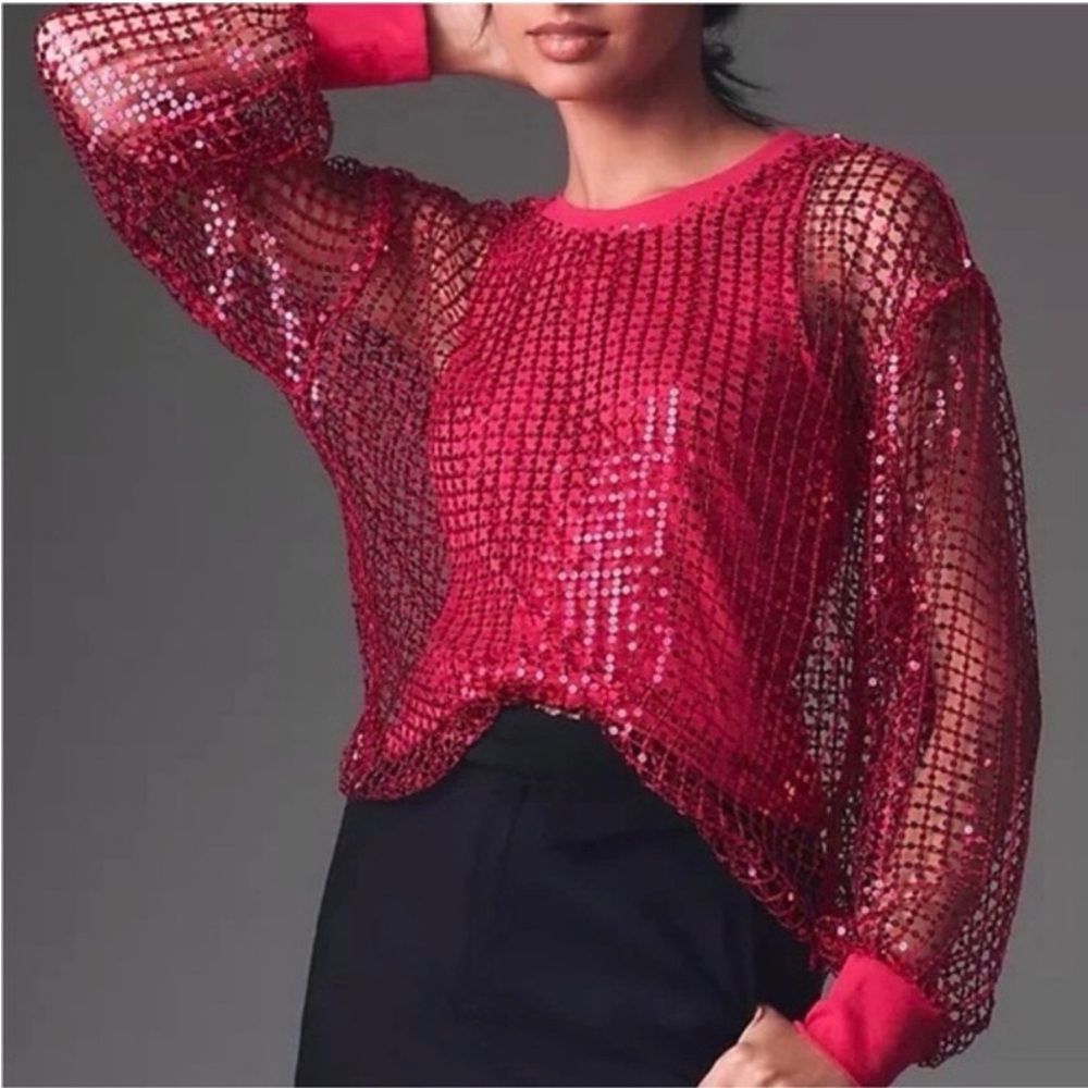 NWT Anthropologie Pilcro Long Sleeve Sequin Top Raspberry Size M Sheer Sequin